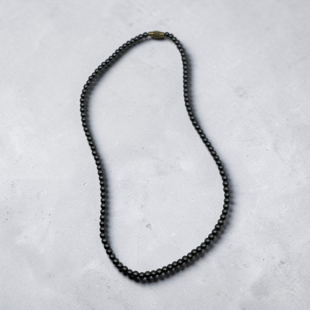 Vintage Hematite Bead Necklace Gunmetal Grey Metallic Round Stone 90s Grunge